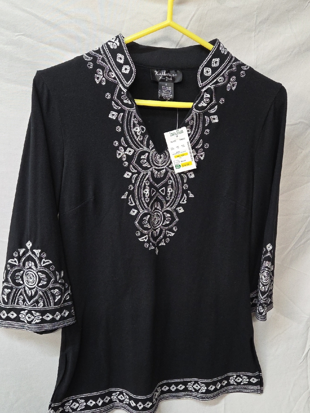 Katherine New York  Black Embroidered V-Neck Tunic Small